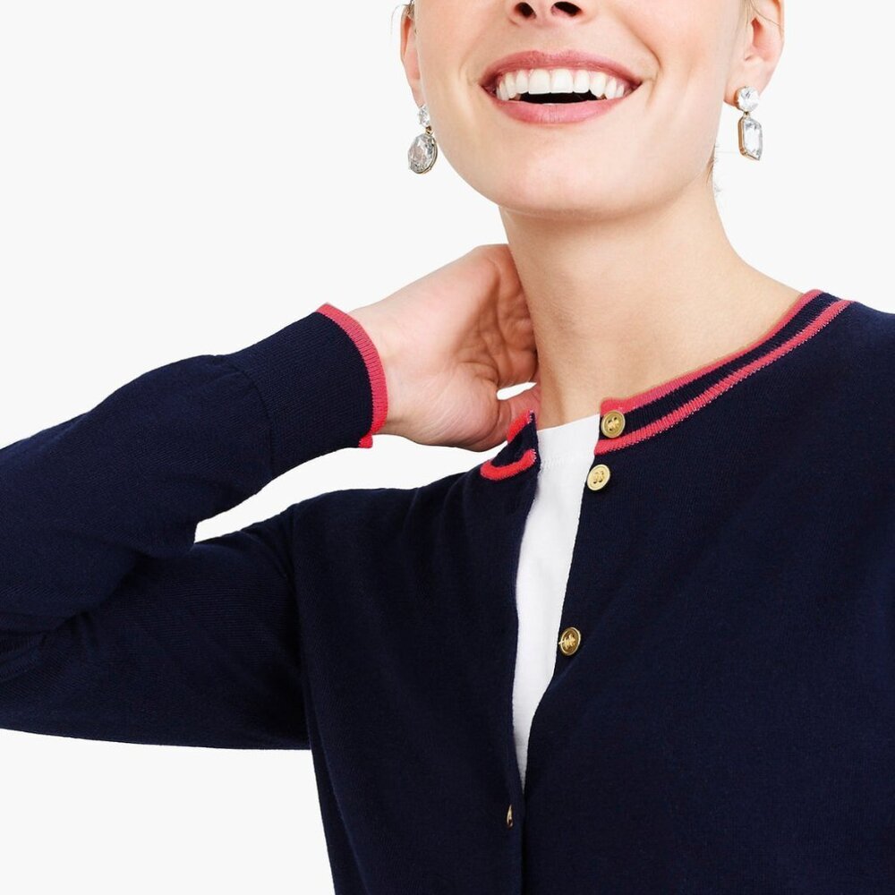 J.Crew “The Caryn Cardigan” – Navy with Coral/Red Trim | Size M